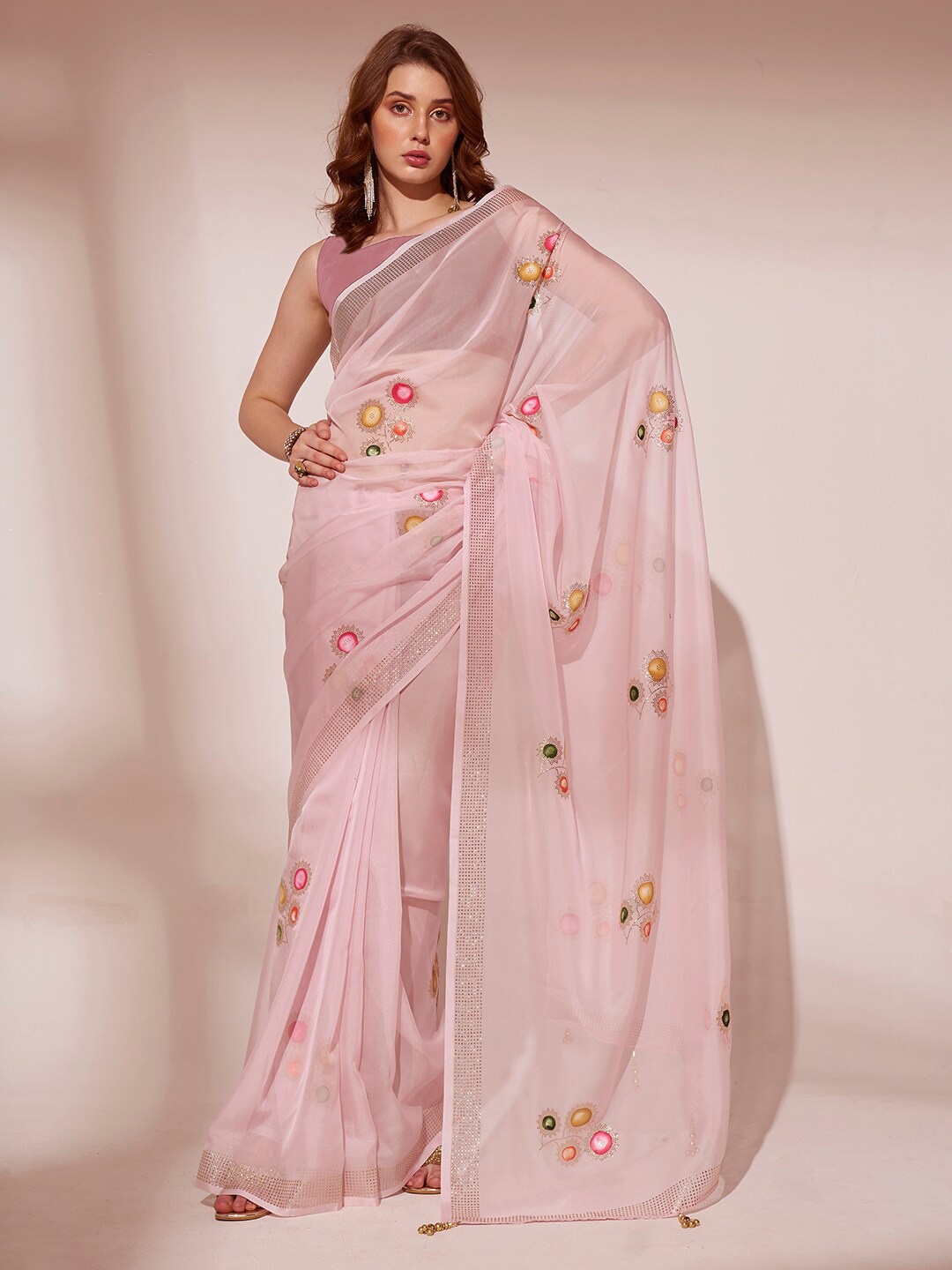 

Mitera Pink Floral Printed Beads and Stones Organza Saree