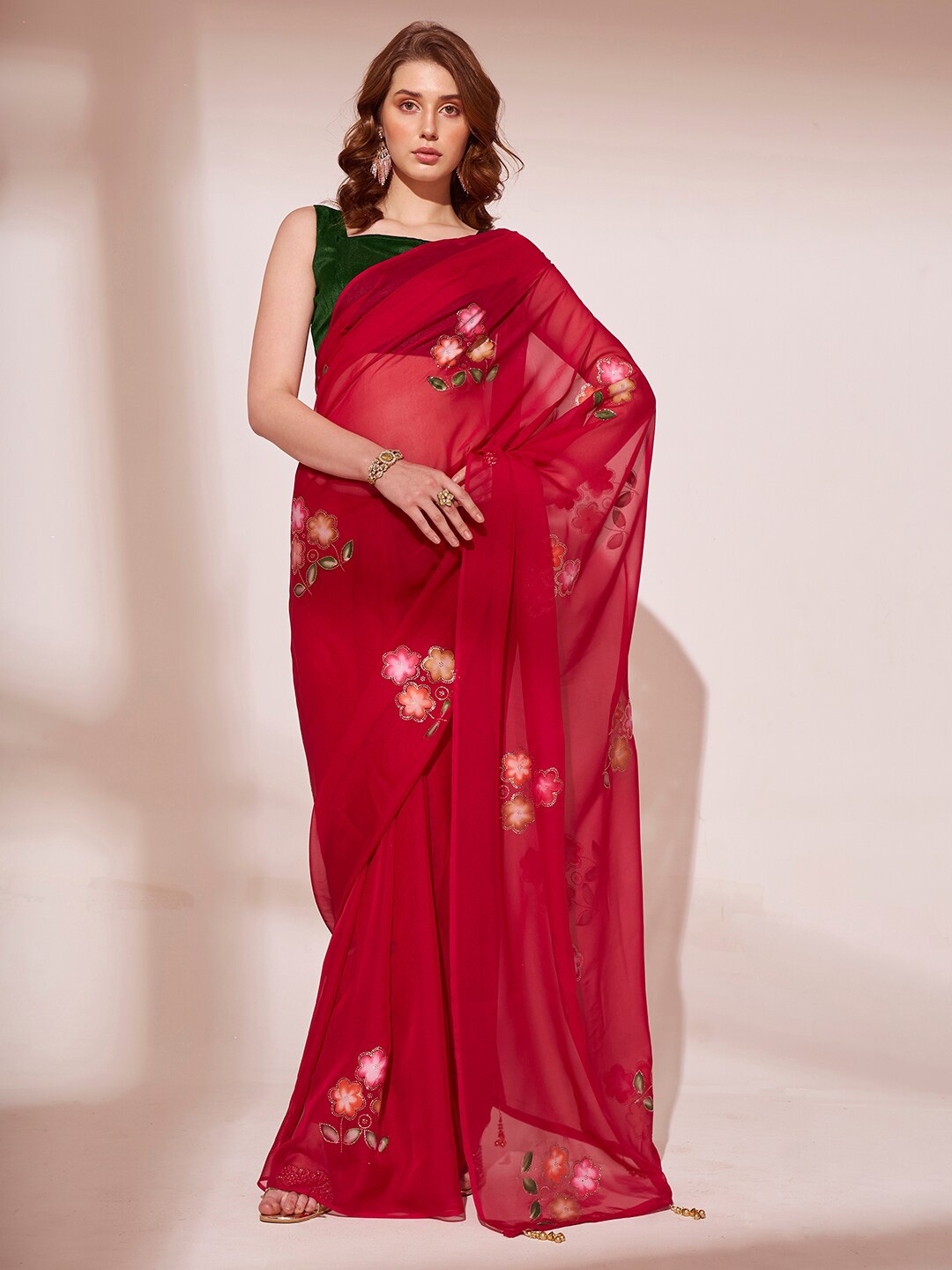 

Mitera Floral Printed Beads and Stones Organza Saree, Red