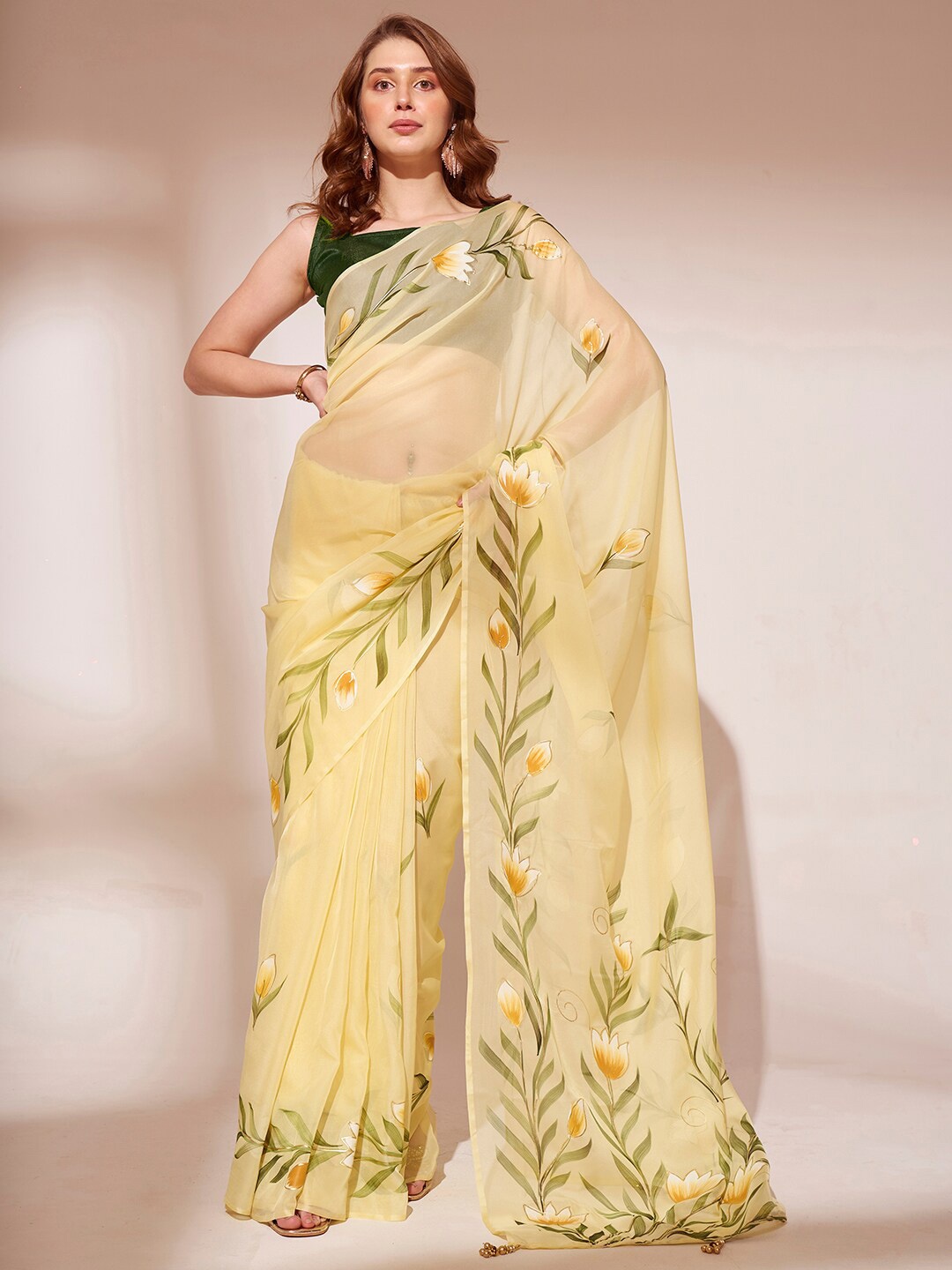 

Mitera Floral Organza Saree, Yellow