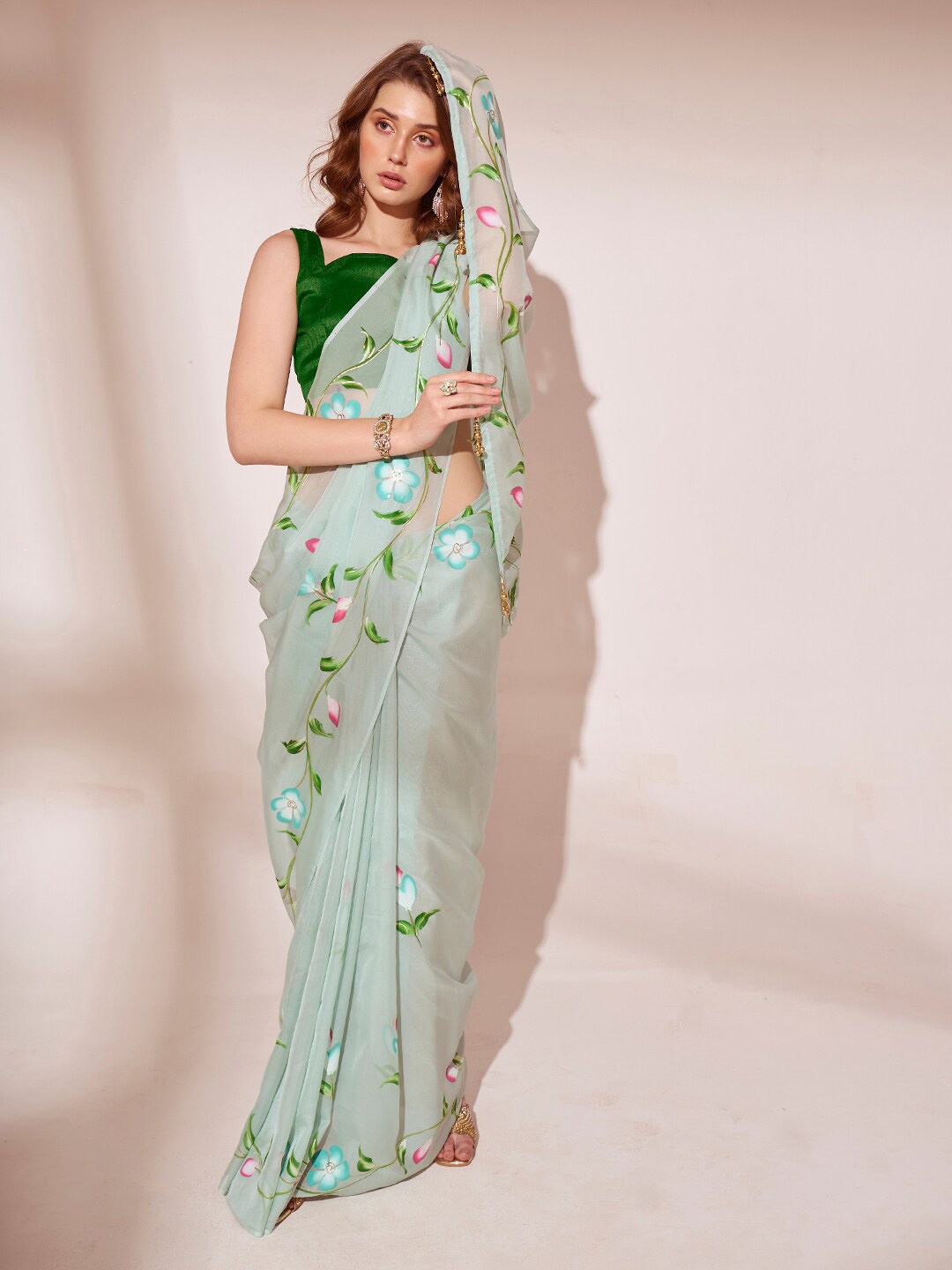 

Mitera Floral Organza Saree, Sea green
