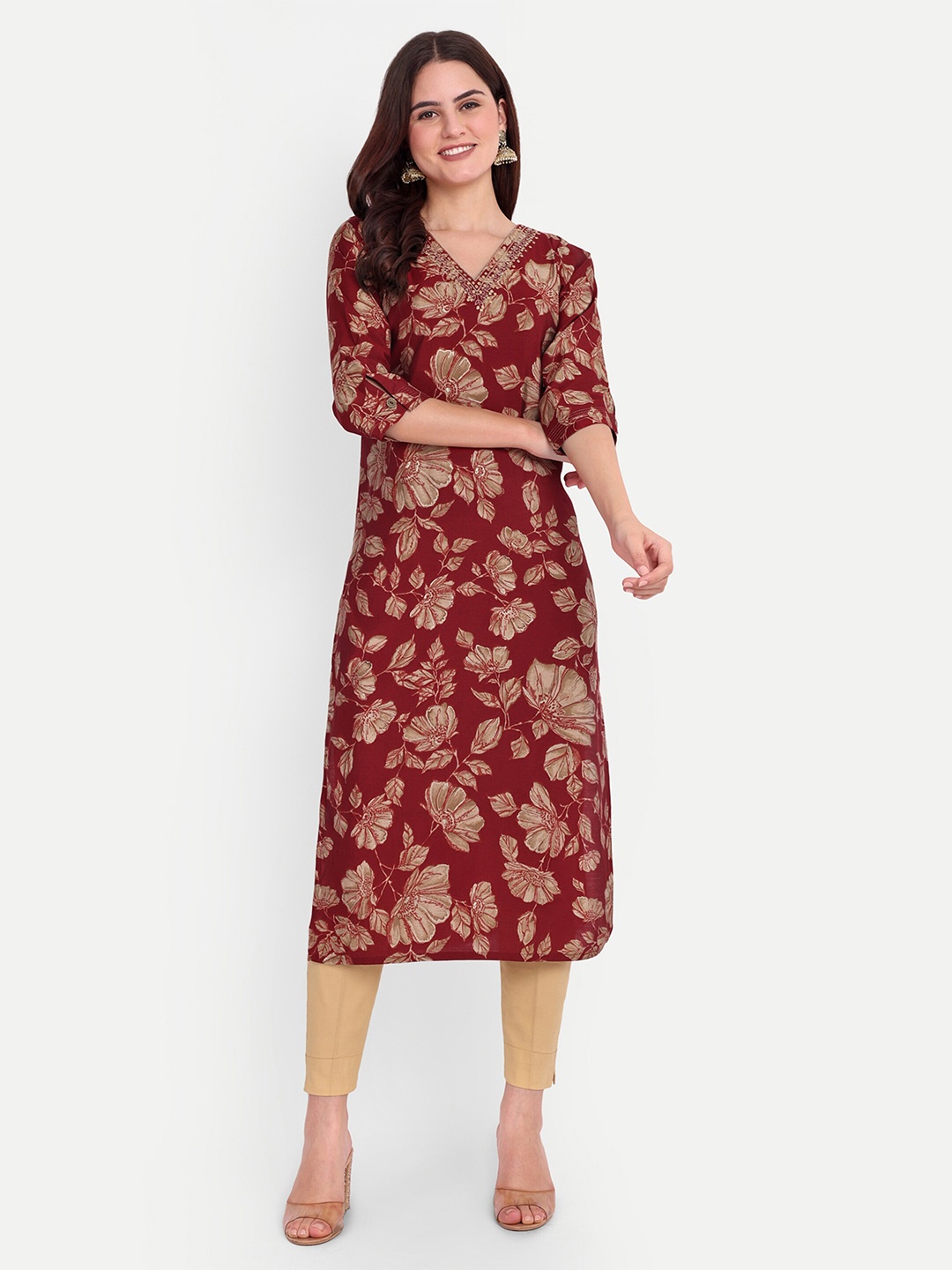 

FILO HEVIS Ethnic Motifs Printed V-Neck Straight Kurta, Red