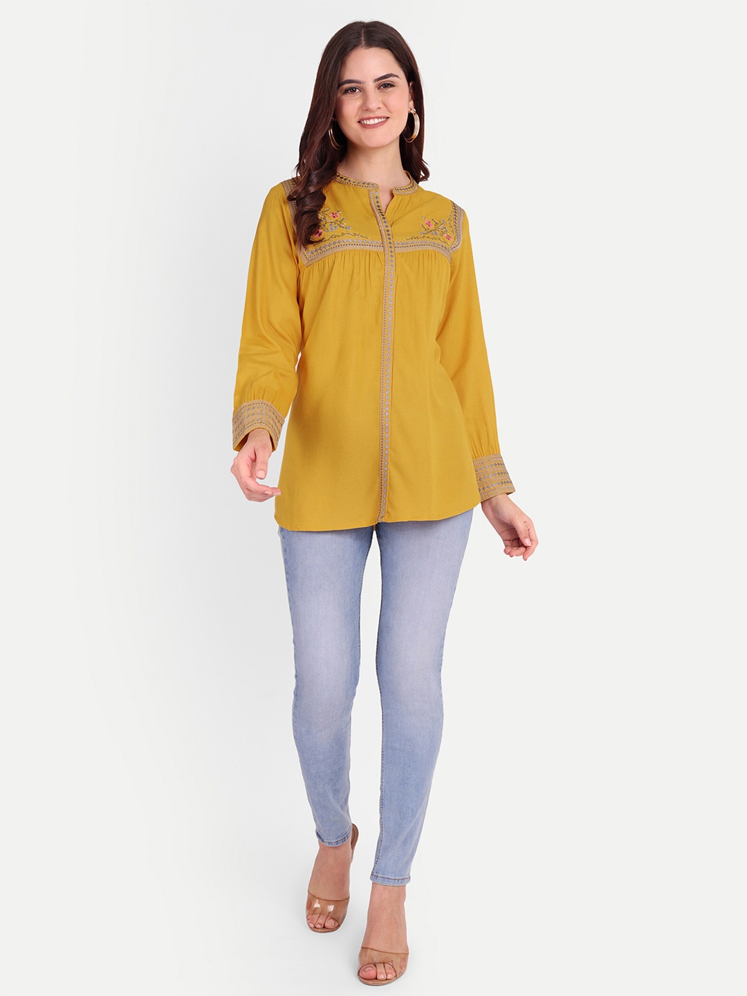 

FILO HEVIS Ethnic Motifs Embroidered A-Line Kurti, Mustard
