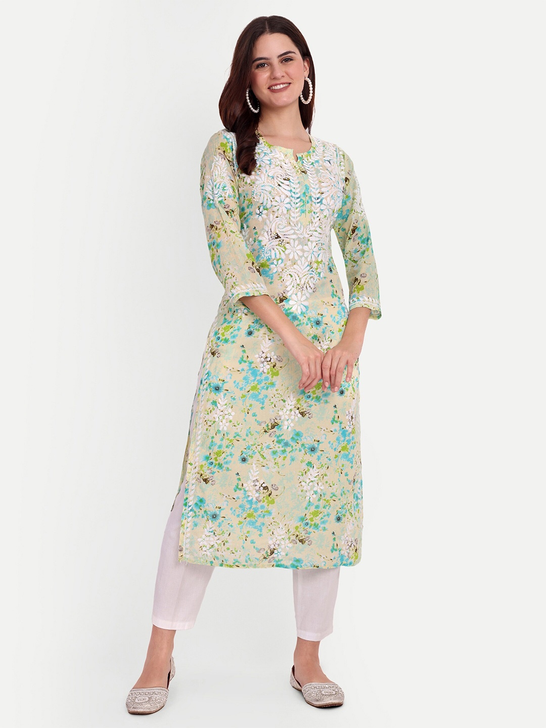 

FILO HEVIS Ethnic Motifs Printed Round Neck Straight Kurta, Blue