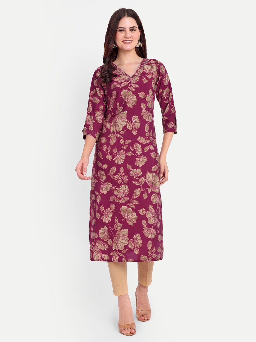 

FILO HEVIS Ethnic Motifs Printed V-Neck Straight Kurta, Maroon