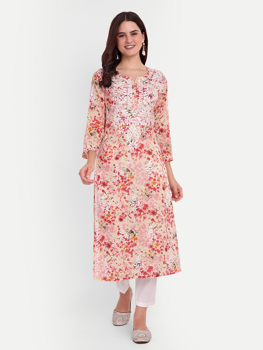 

FILO HEVIS Ethnic Motifs Printed Round Neck Straight Kurta, Orange