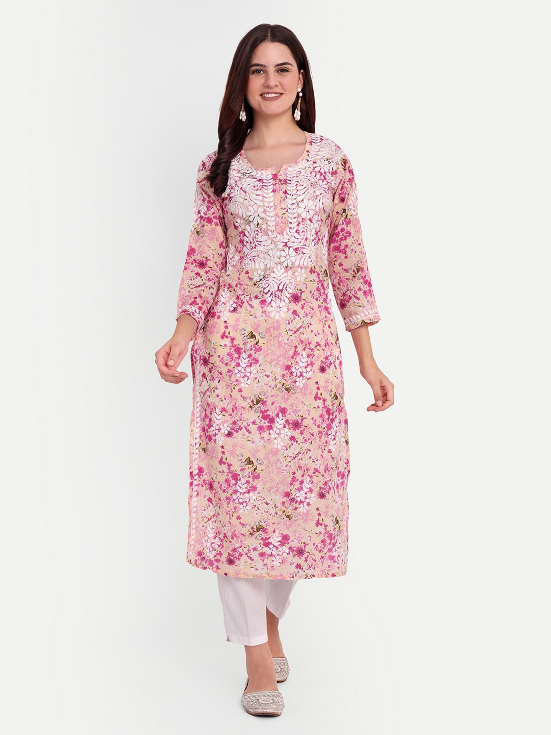 

FILO HEVIS Floral Printed Round Neck Thread Work Cotton Straight Kurta, Cream