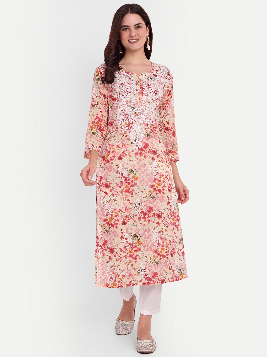 

FILO HEVIS Floral Printed Round Neck Thread Work Cotton Straight Kurta, Cream
