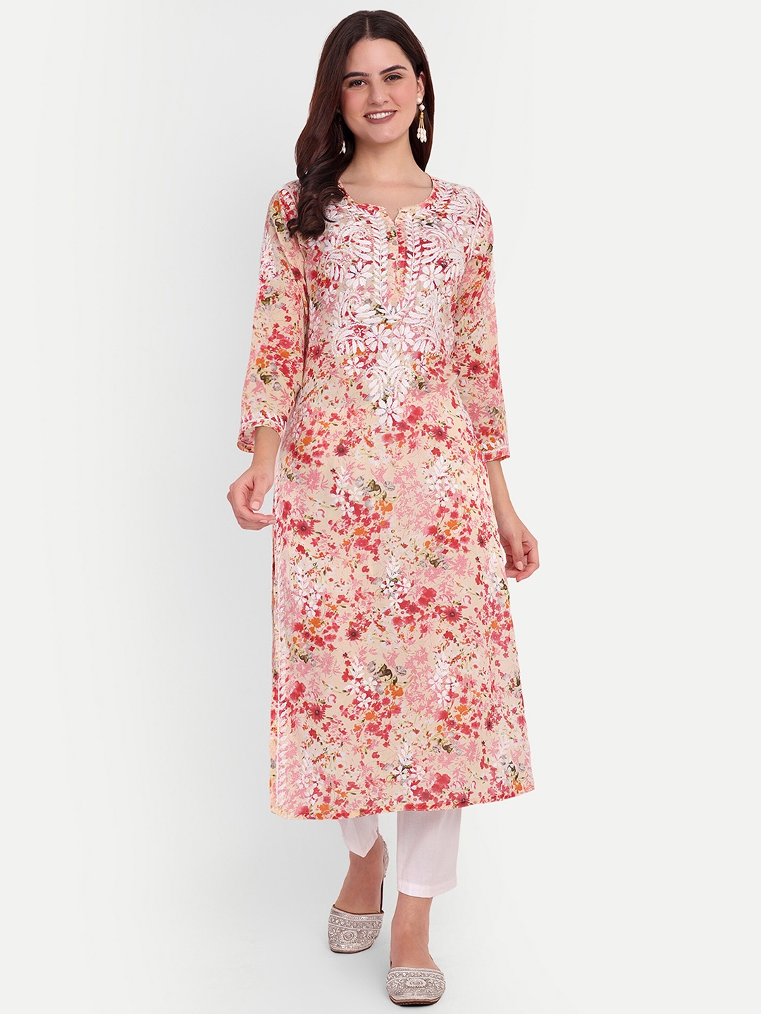

FILO HEVIS Floral Printed Thread Work Straight Kurta, Orange