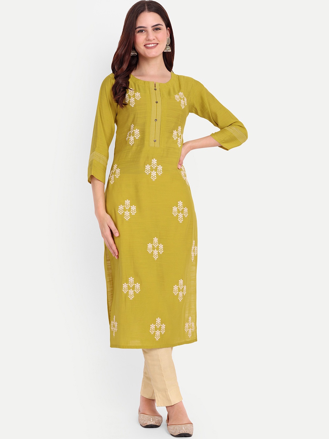 

FILO HEVIS Ethnic Motifs Embroidered Round Neck Sequined Straight Kurta, Green