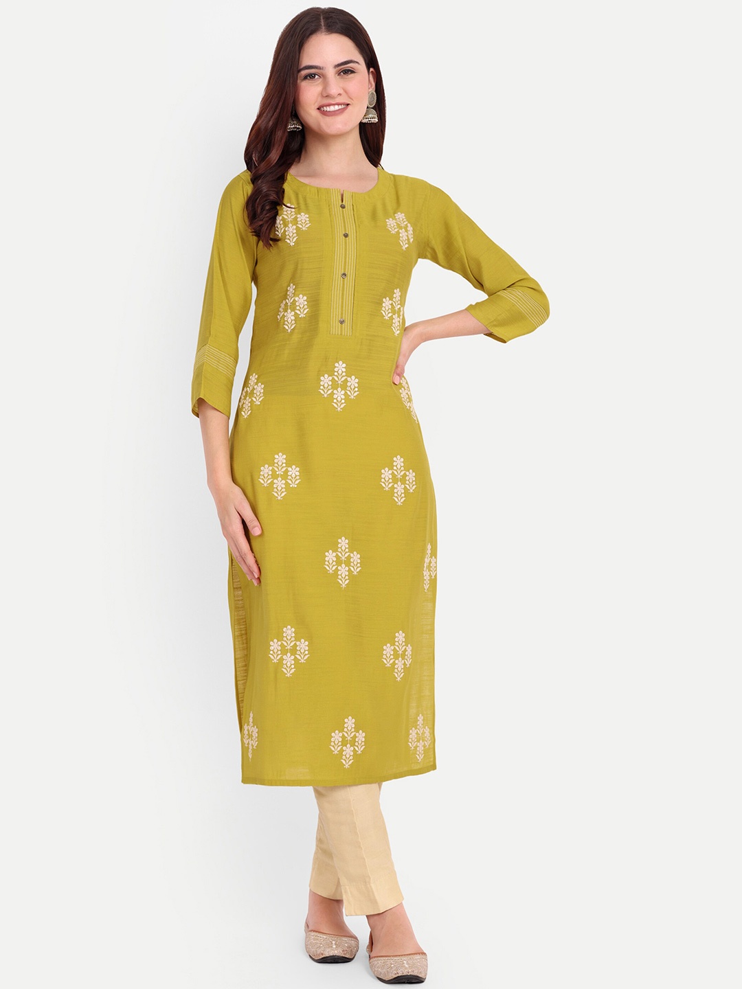 

FILO HEVIS Ethnic Motifs Embroidered Round Neck Sequined Straight Kurta, Green