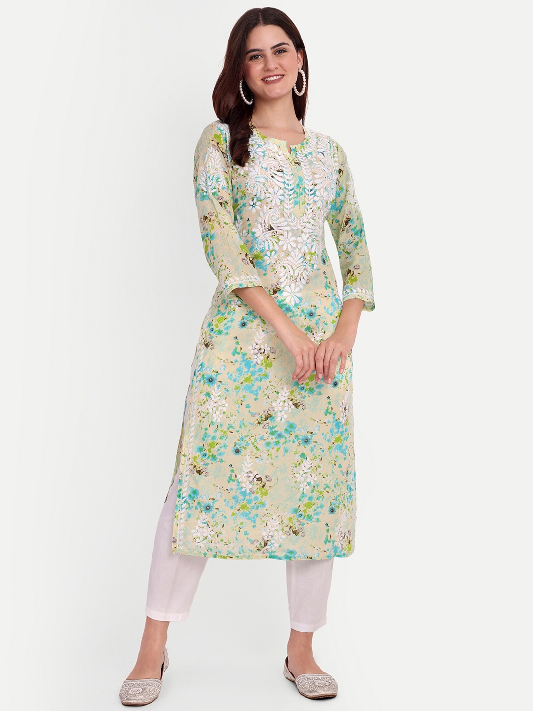 

FILO HEVIS Floral Printed Round Neck Thread Work Straight Kurta, Cream