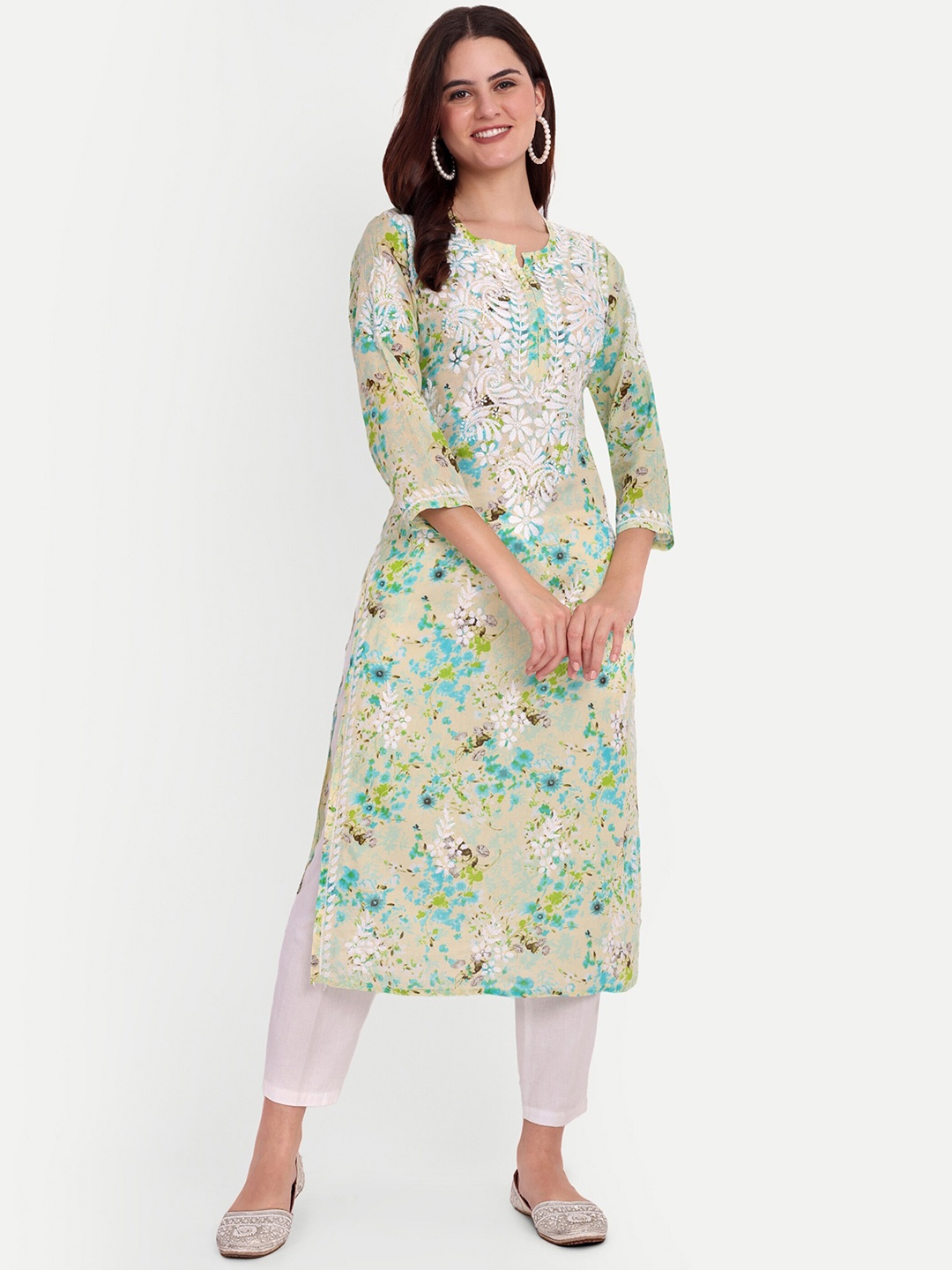 

FILO HEVIS Floral Printed Thread Work Straight Kurta, Green