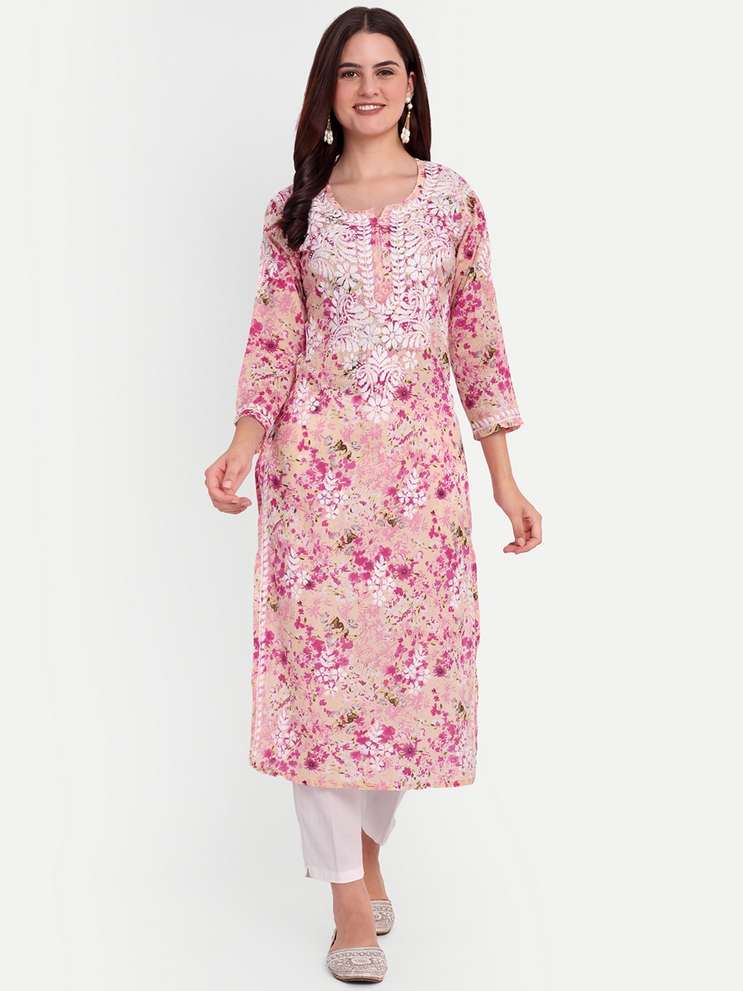 

FILO HEVIS Floral Printed Round Neck Thread Work Cotton Straight Kurta, Cream