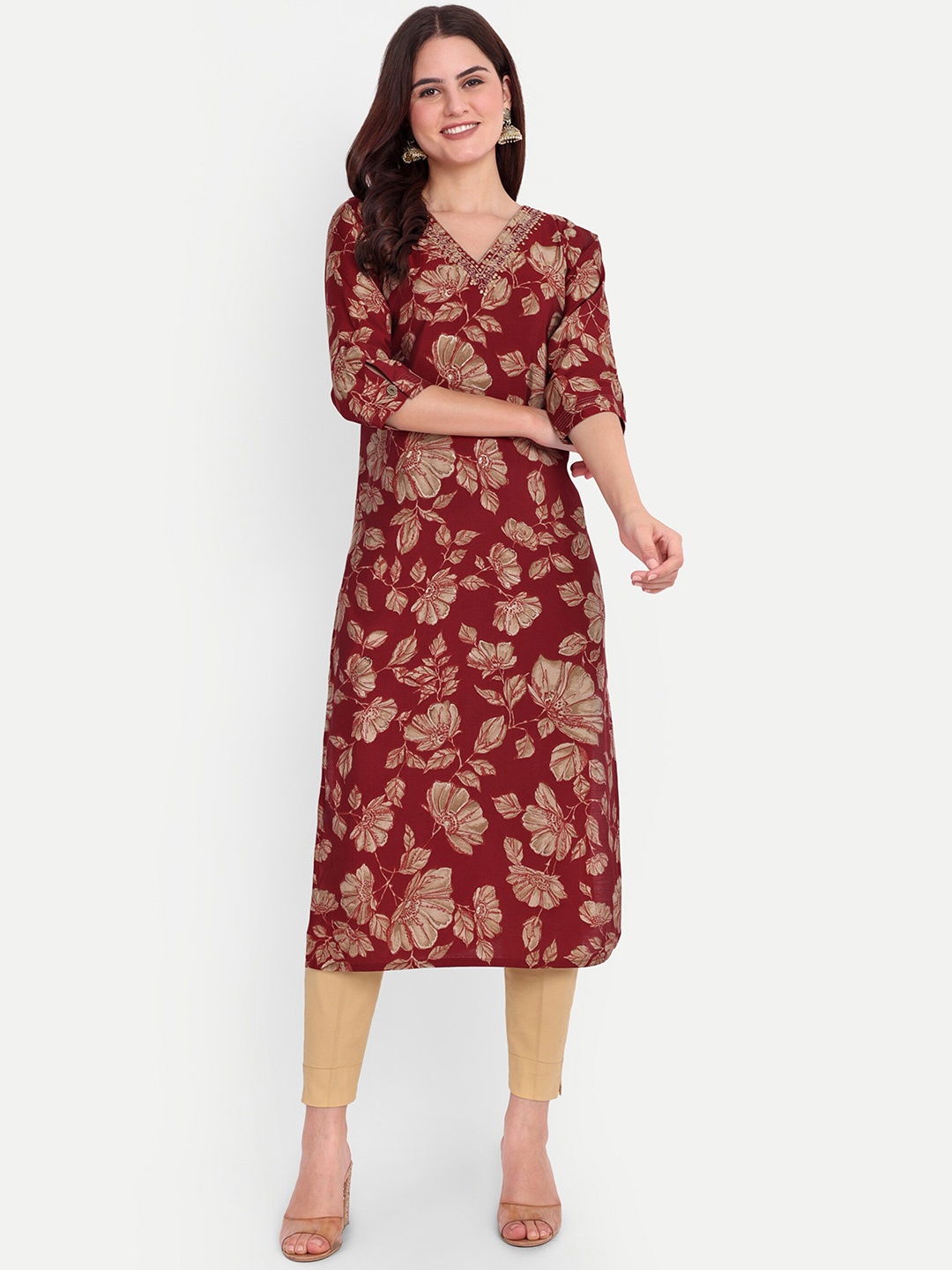 

FILO HEVIS Ethnic Motifs Printed V-Neck Knee Length Cotton Straight Kurta, Red