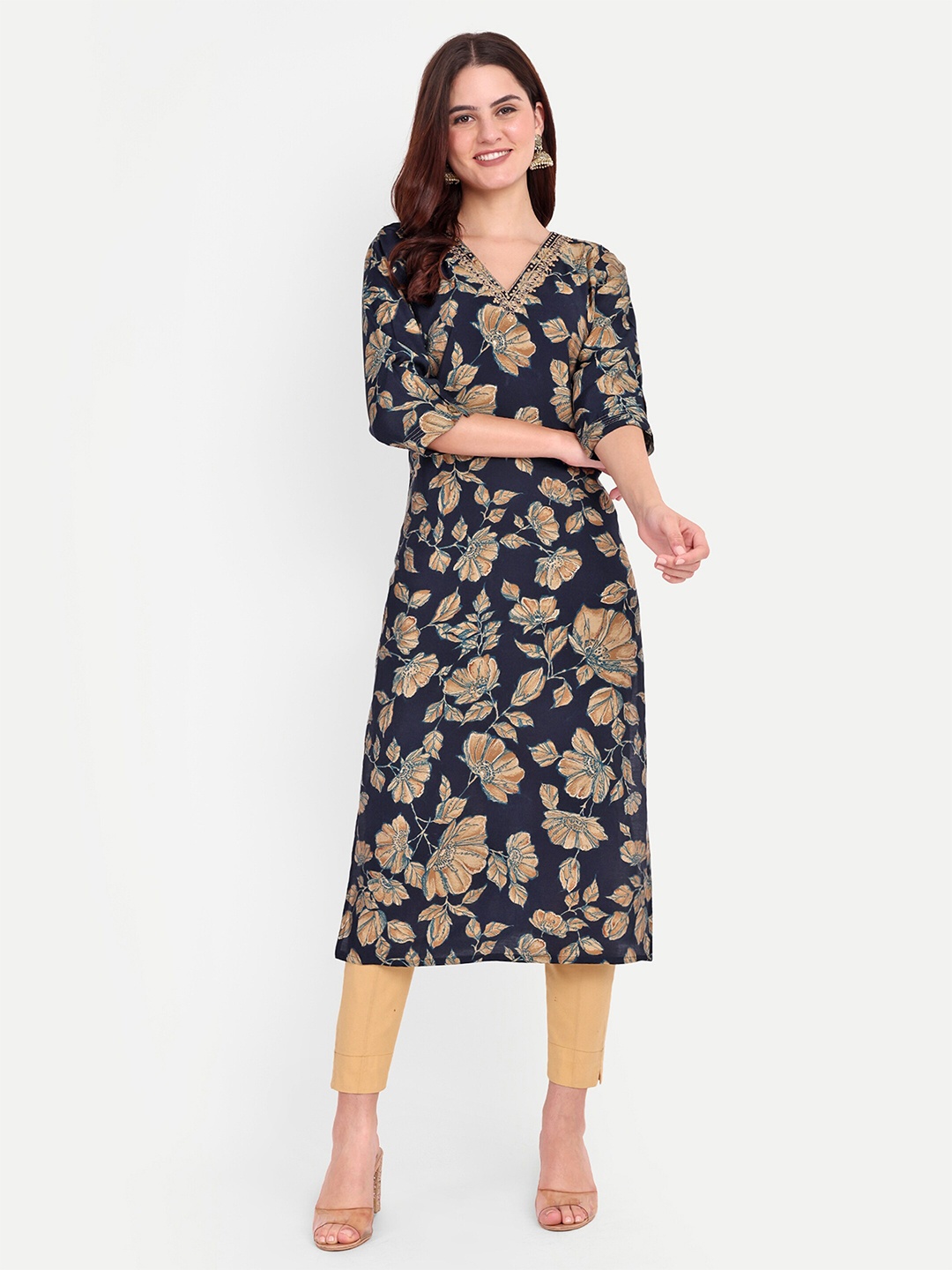 

FILO HEVIS Floral Printed V-Neck Straight Kurta, Navy blue
