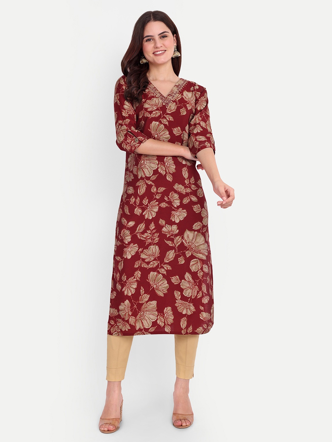 

FILO HEVIS Ethnic Motifs Printed V-Neck Knee Length Cotton Straight Kurta, Red