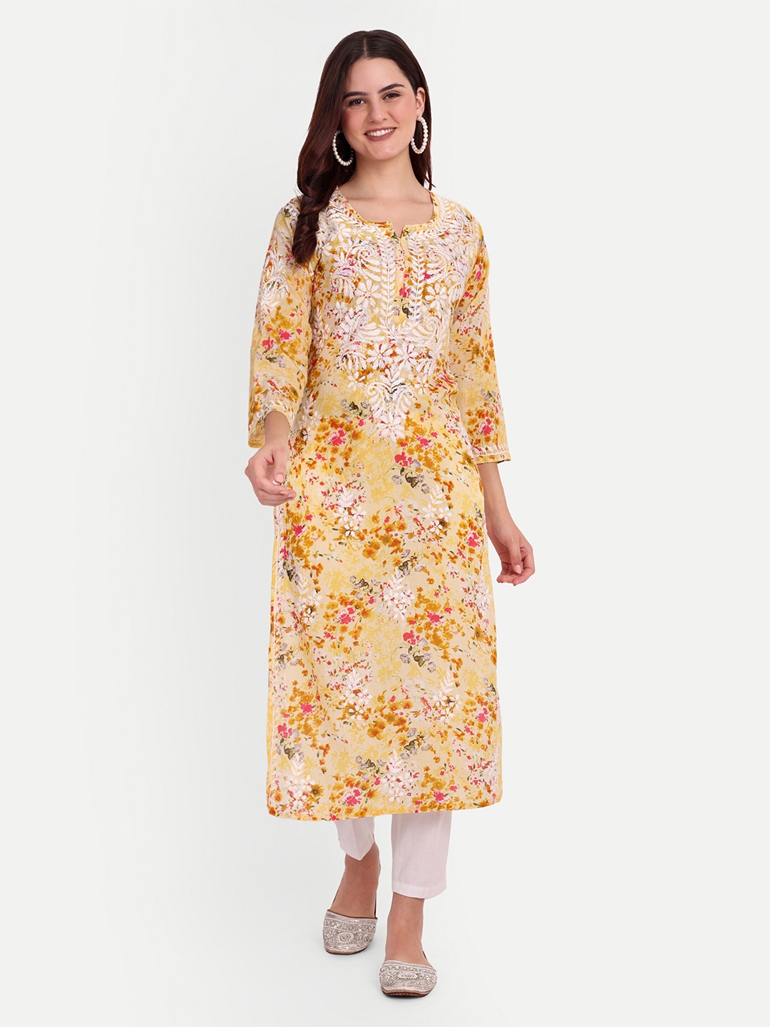 

FILO HEVIS Floral Embroidered Round Neck Three-Quarter Sleeves Chikankari Straight Kurta, Yellow