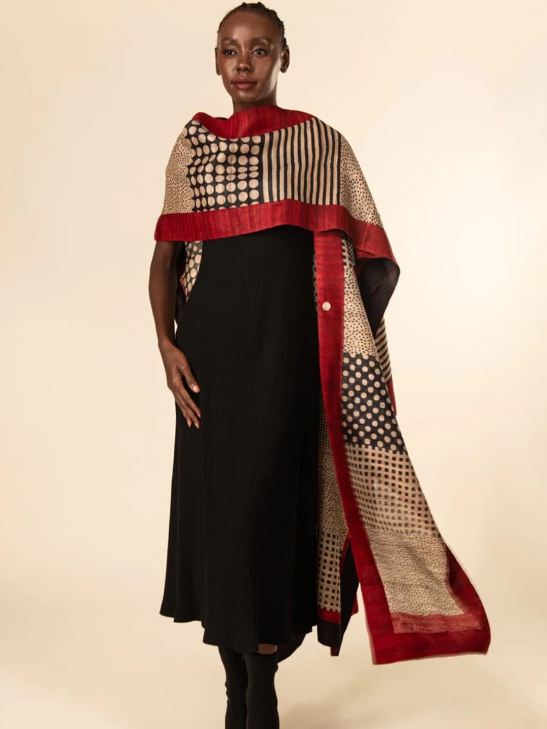 

AESHAANE Women Geometric Lightweight Longline Open Front Jacket with Embroidered, Red