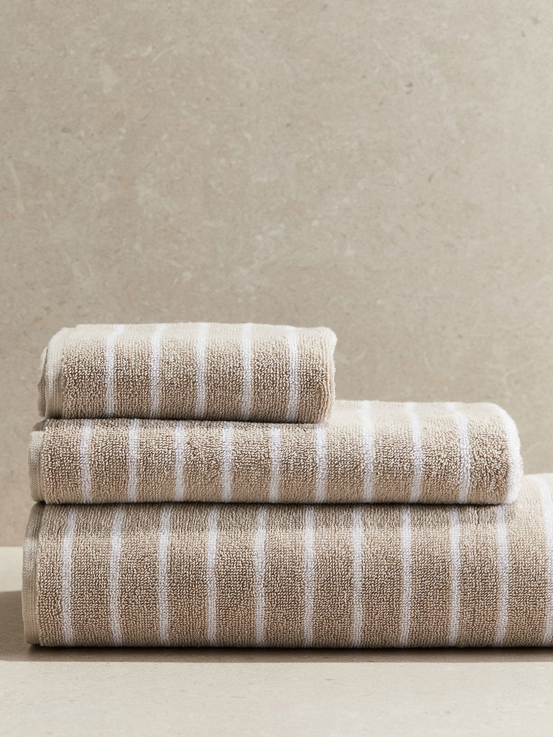 

H&M Beige Pure Cotton Striped Guest Towel