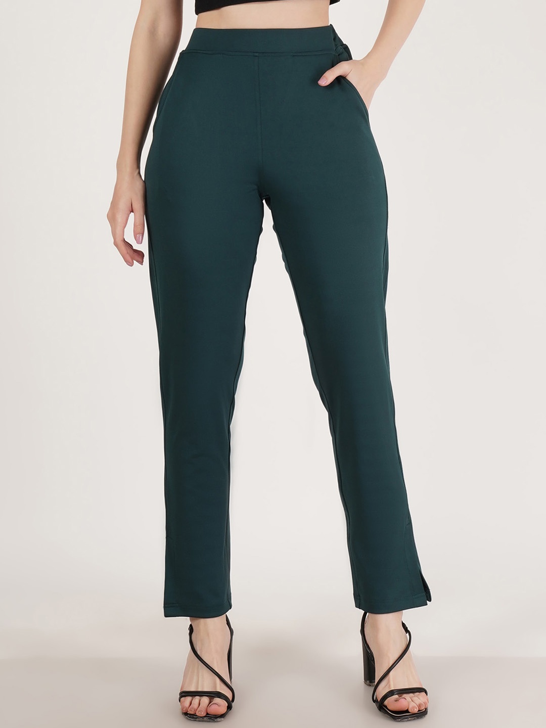 

Karmic Vision Women Mid-Rise Plain Cigarette Regular Fit Trousers Trouser, Green
