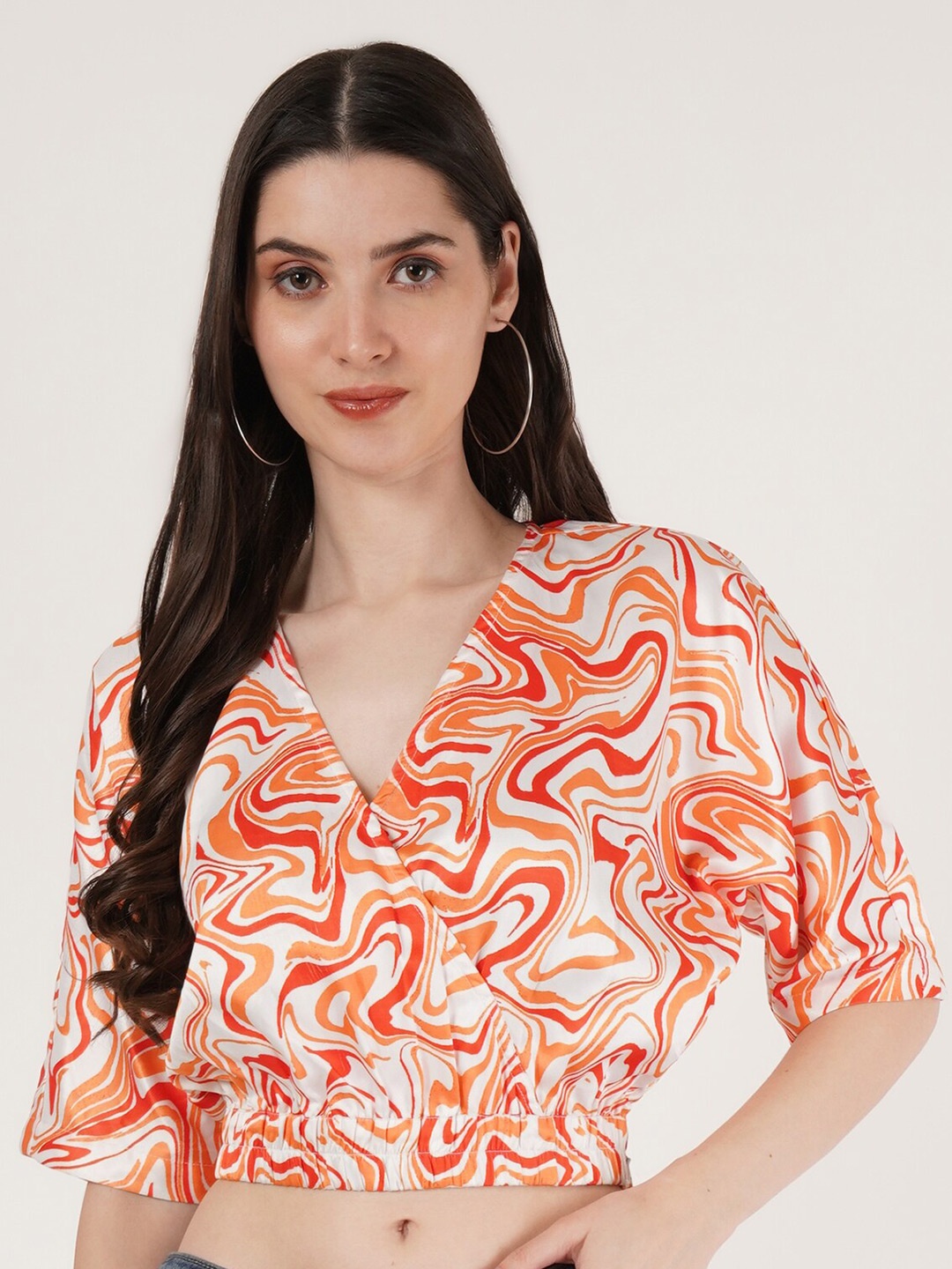 

Karmic Vision Abstract Printed Satin Blouson Crop Top, White