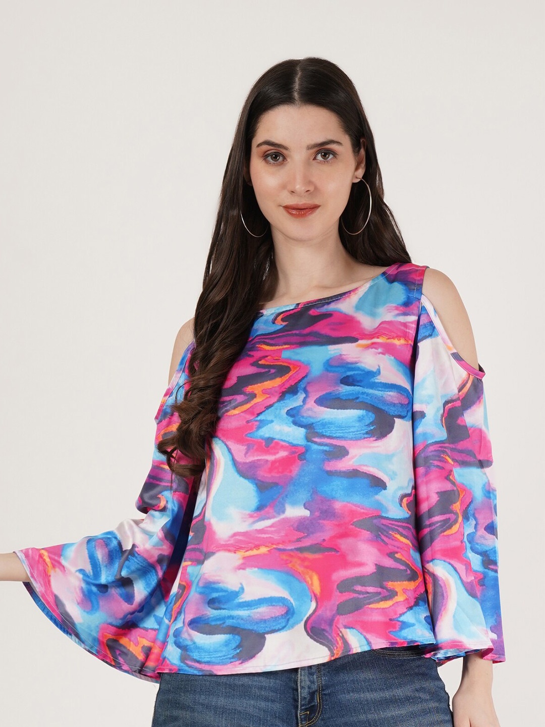 

Karmic Vision Abstract Printed Cold-Shoulder Satin Top, Blue