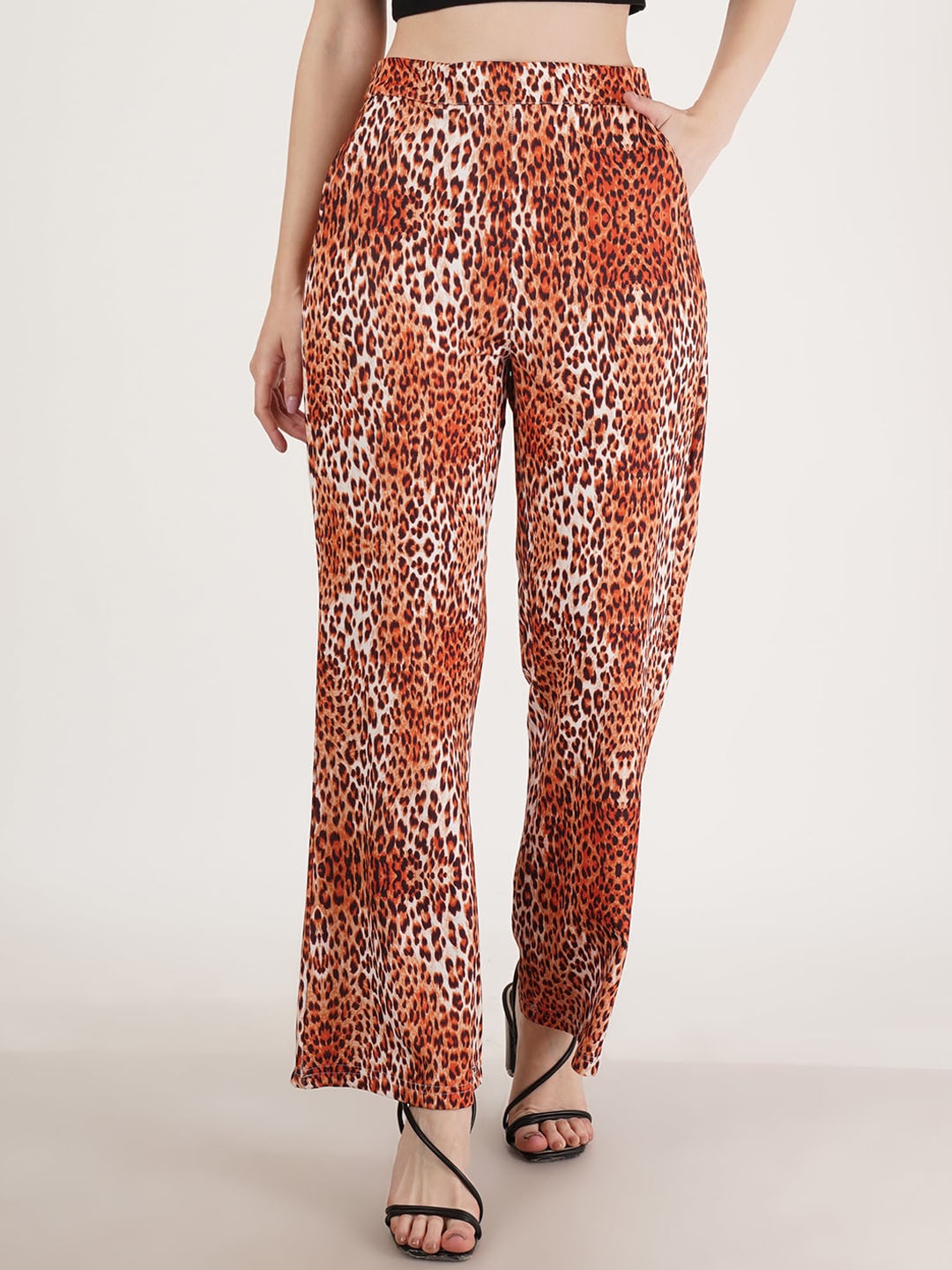 

Karmic Vision Women Animal Printed Mid-Rise Plain Parallel Trousers Trouser, Brown