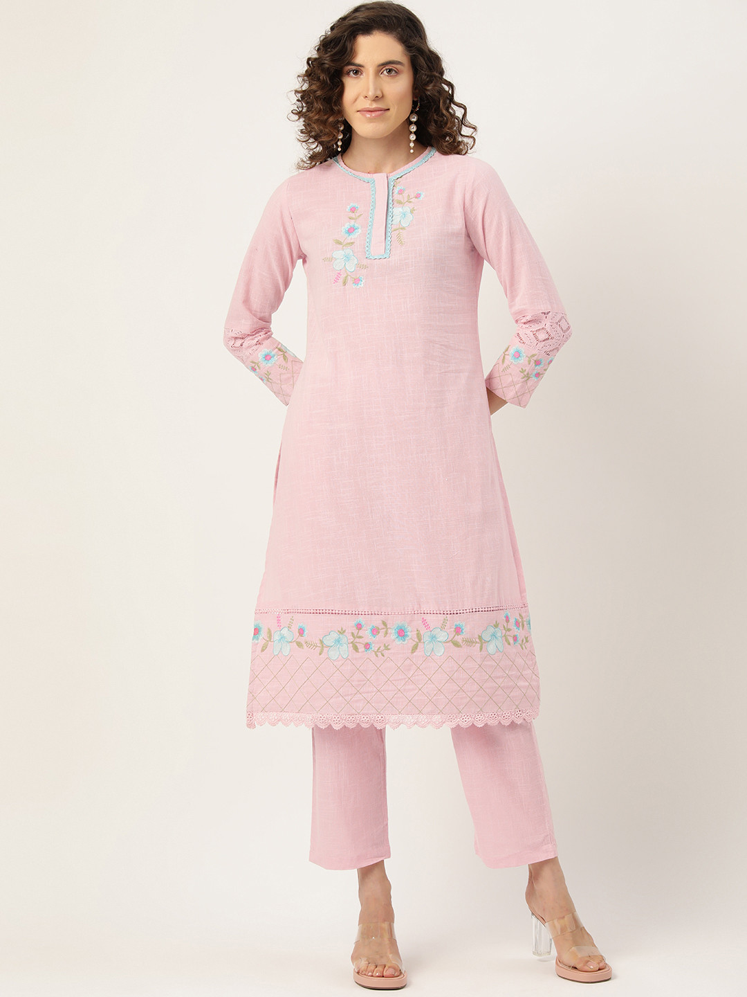 

MISRI Women Floral Embroidered Regular Thread Work Pure Cotton Kurta with Trousers, Pink