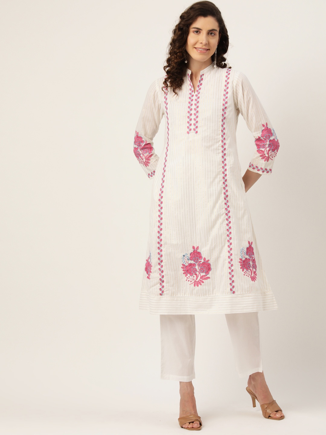

MISRI Women Floral Embroidered Regular Thread Work Pure Cotton Kurta with Trousers, Off white