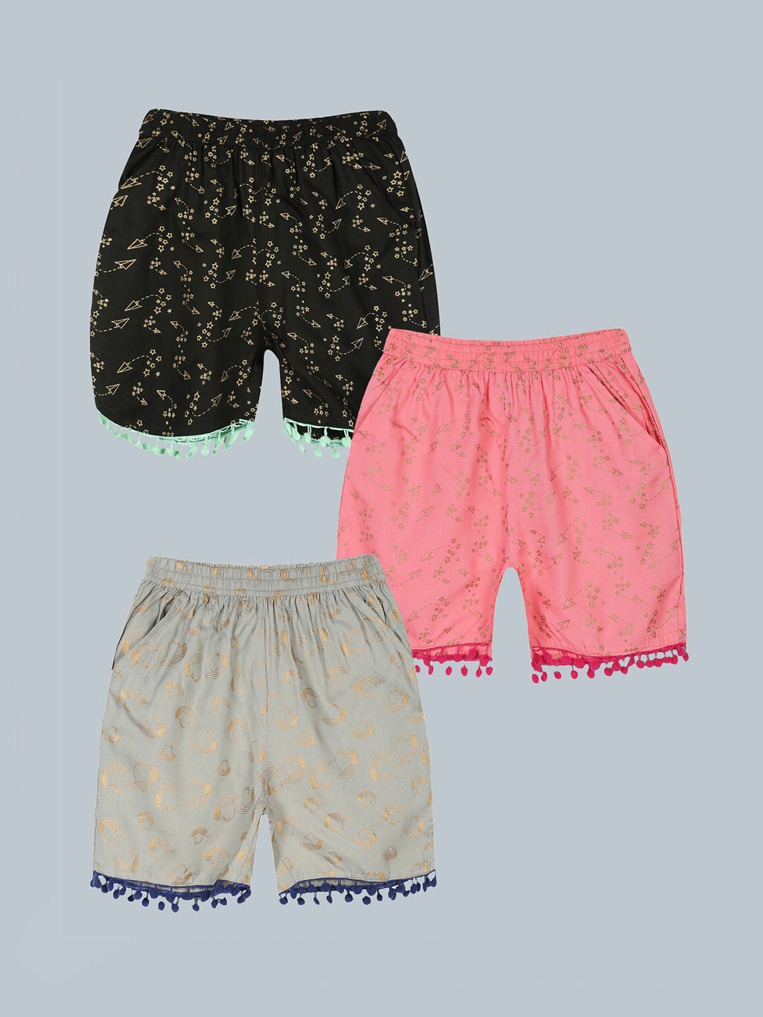 

KiddoPanti Girls Pack of 3 Printed Shorts, Black