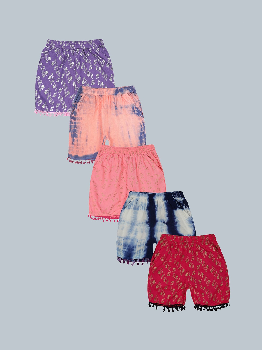 

KiddoPanti Girls Pack of 5 Printed & Dyed Shorts, Purple