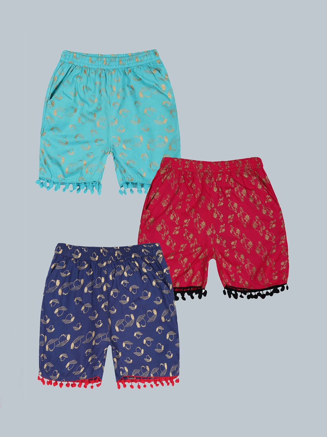 KiddoPanti Girls Pack Of 3 Floral Printed Shorts, Blue
