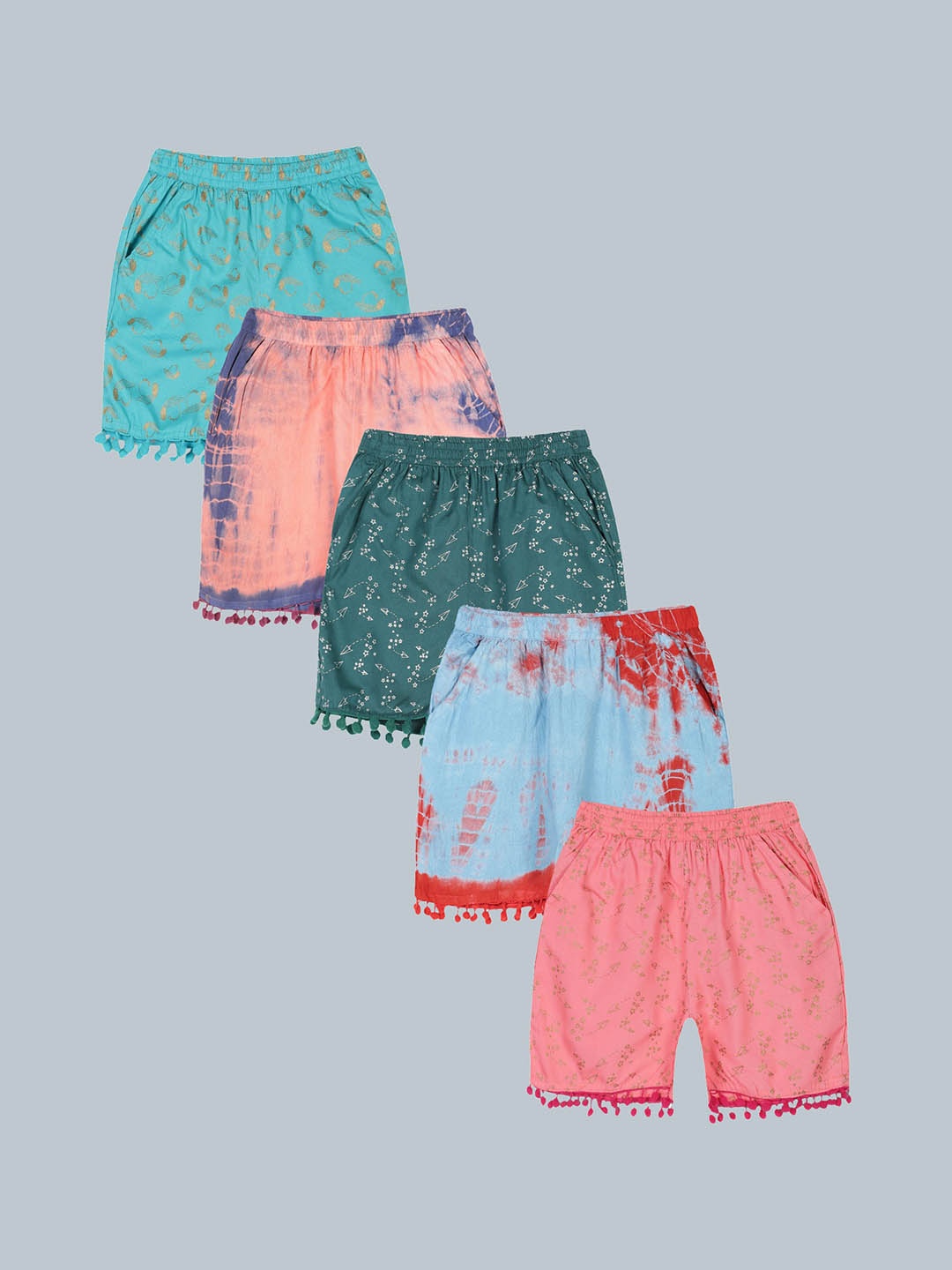 

KiddoPanti Girls Pack of 5 Printed & Dyed Shorts, Blue