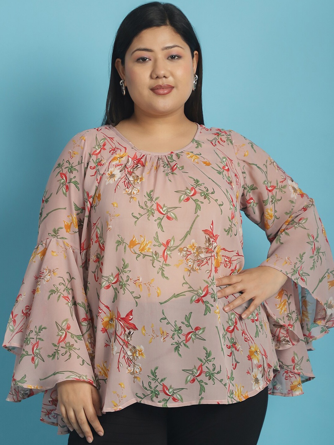 

theRebelinme Plus Size Floral Printed Bell Sleeve Georgette Top, Pink