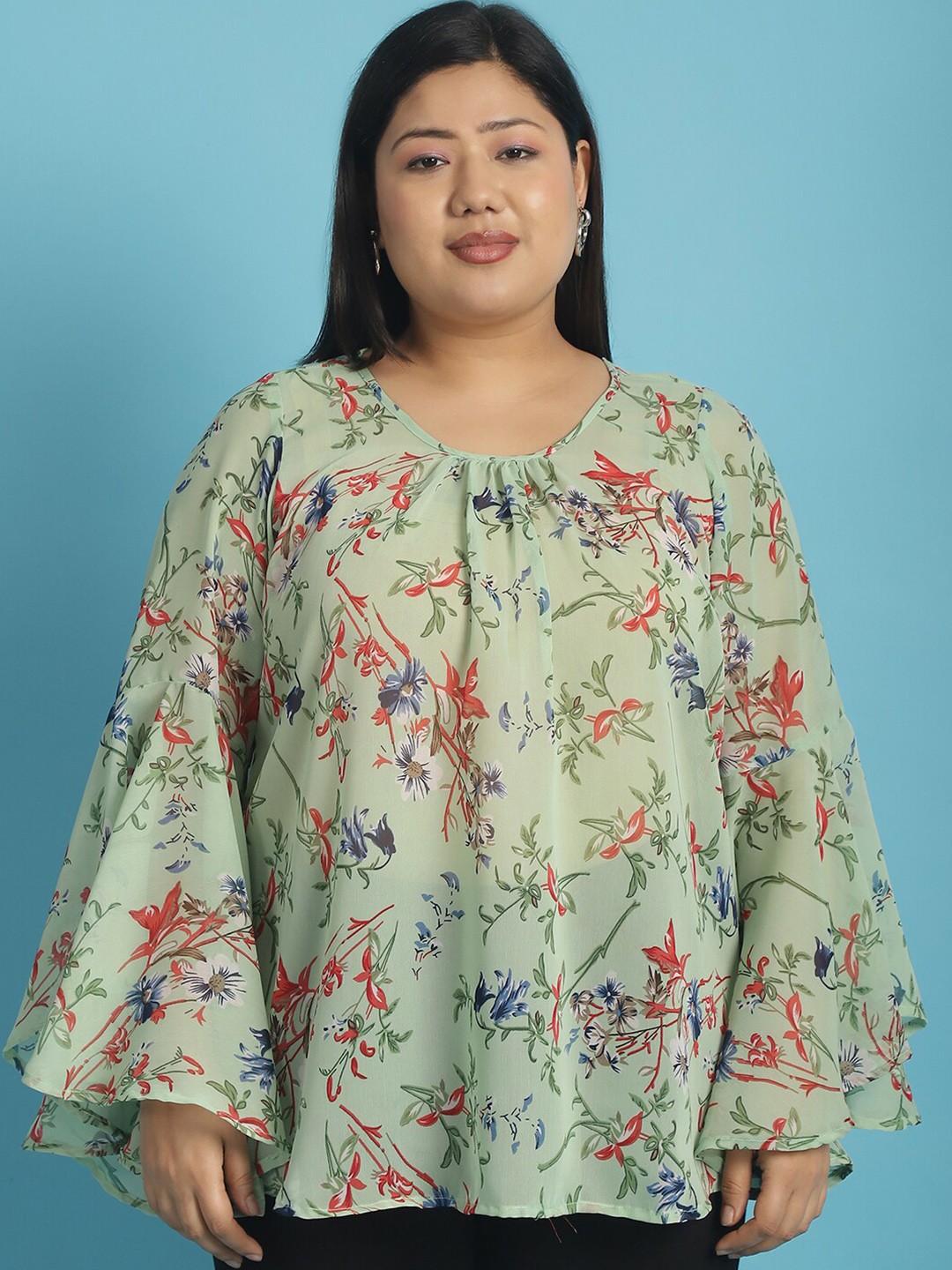 

theRebelinme Plus Size Floral Printed Bell Sleeve Georgette Top, Green