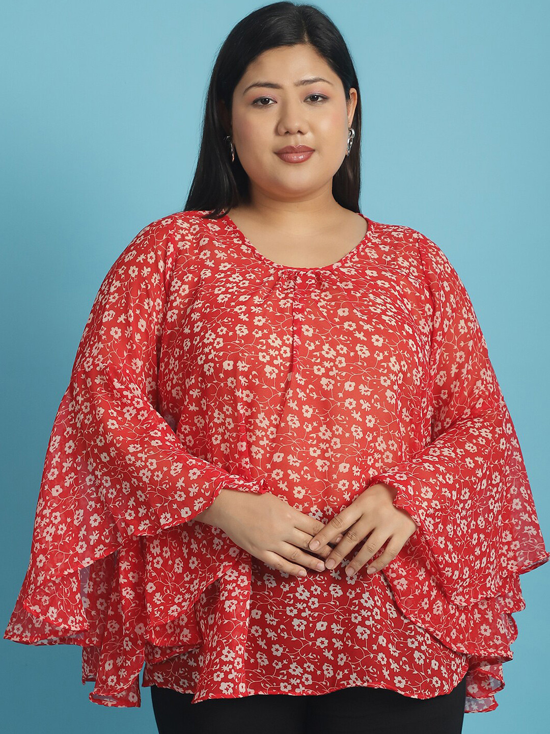 

theRebelinme Plus Size Floral Printed Bell Sleeve Georgette Top, Red