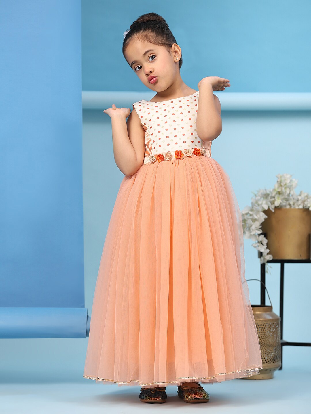 

Toy Balloon kids Girls Round Neck Print Net Maxi Dress, Peach