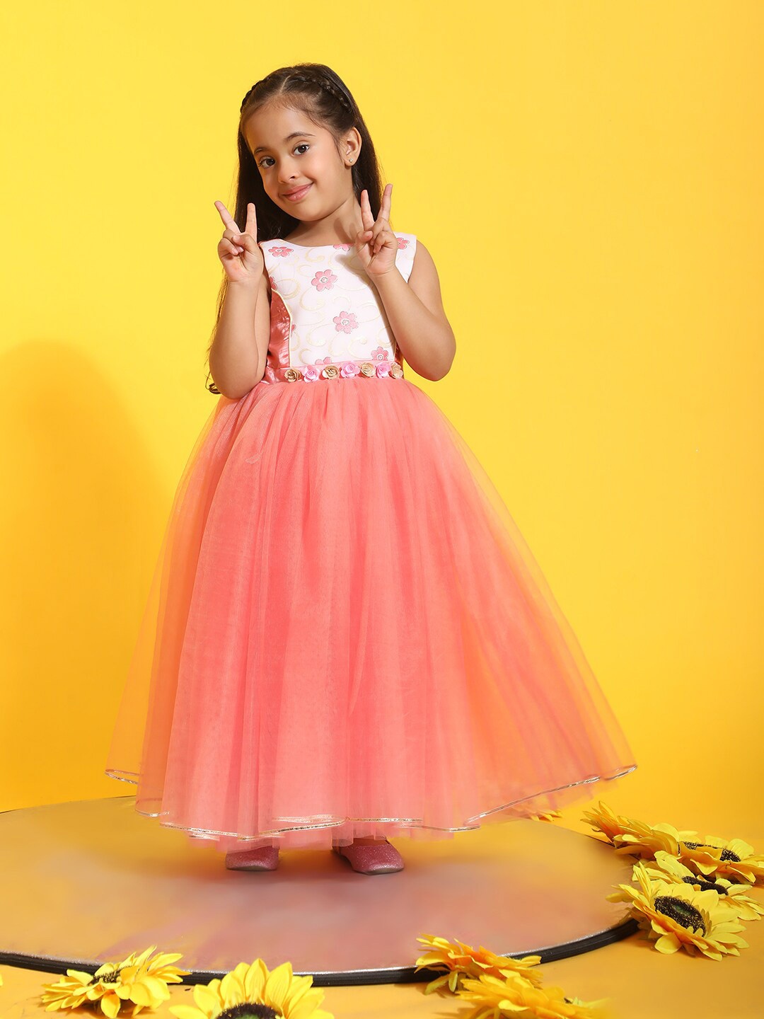 

Toy Balloon kids Girls Round Neck Net Fit & Flare Maxi Dress, Pink