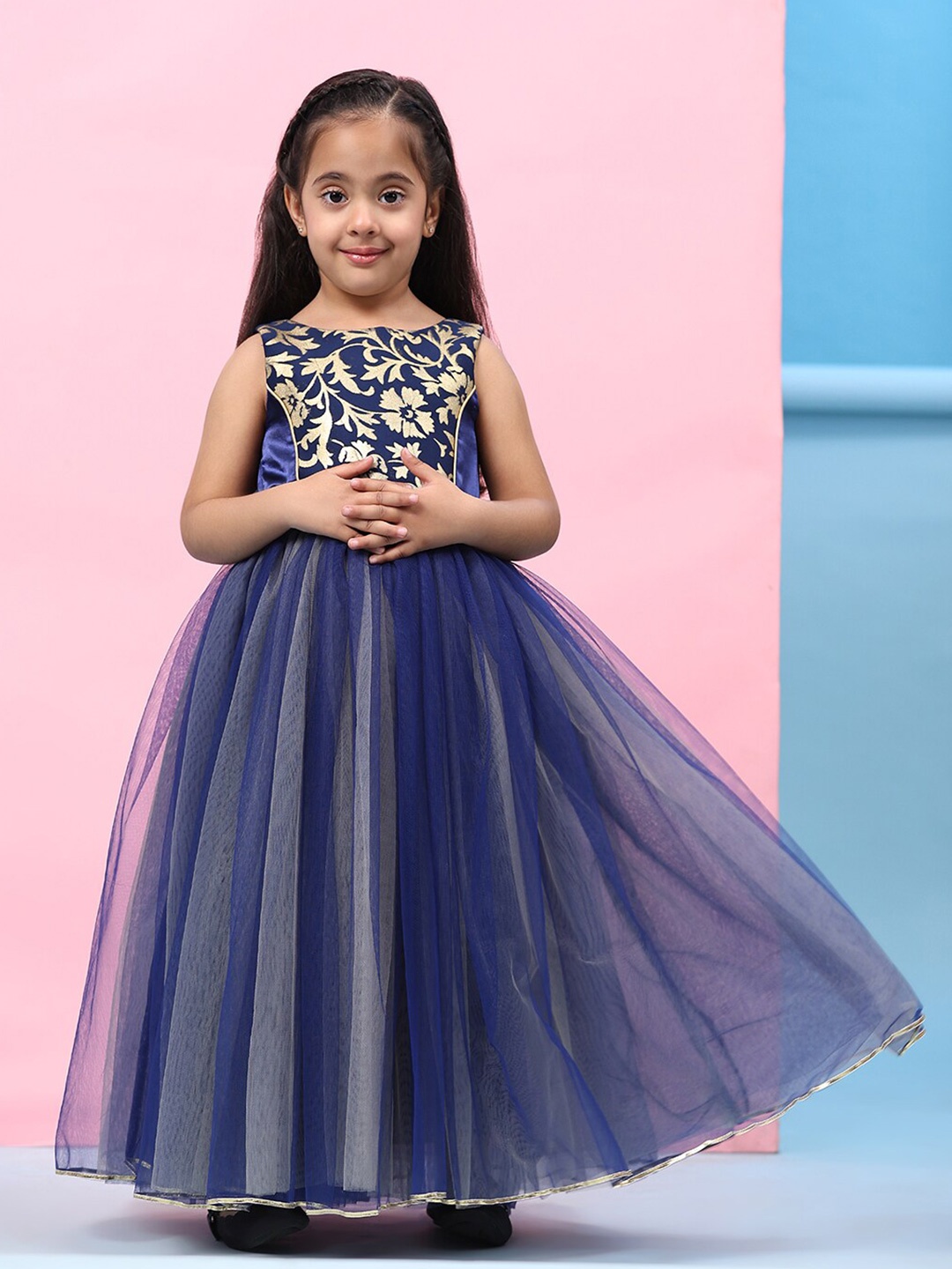 

Toy Balloon kids Girls Round Neck Floral Net Fit & Flare Maxi Dress, Navy blue