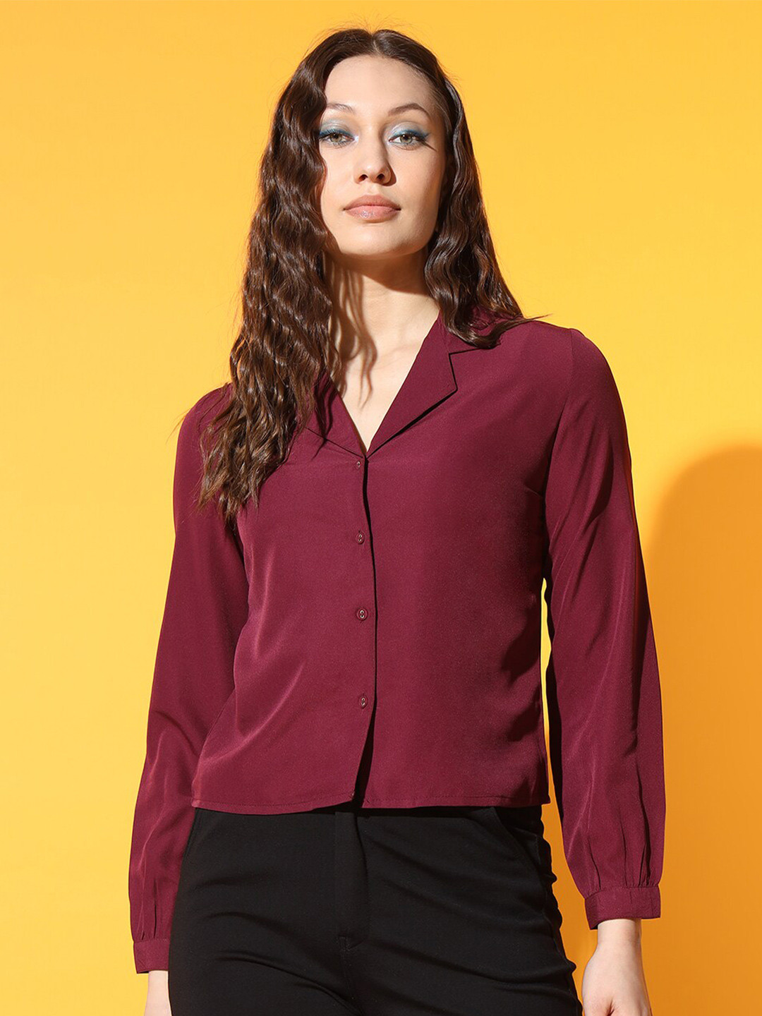 

Slenor Cuban Collar Crop Casual Shirt, Purple