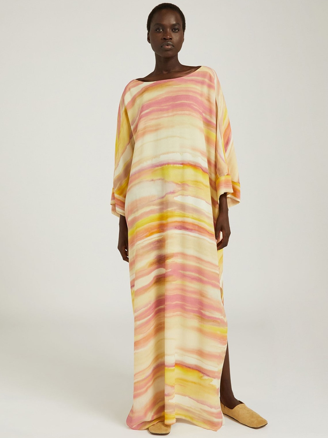 

UMANTA Striped Boat Neck Kaftan Dress, Beige