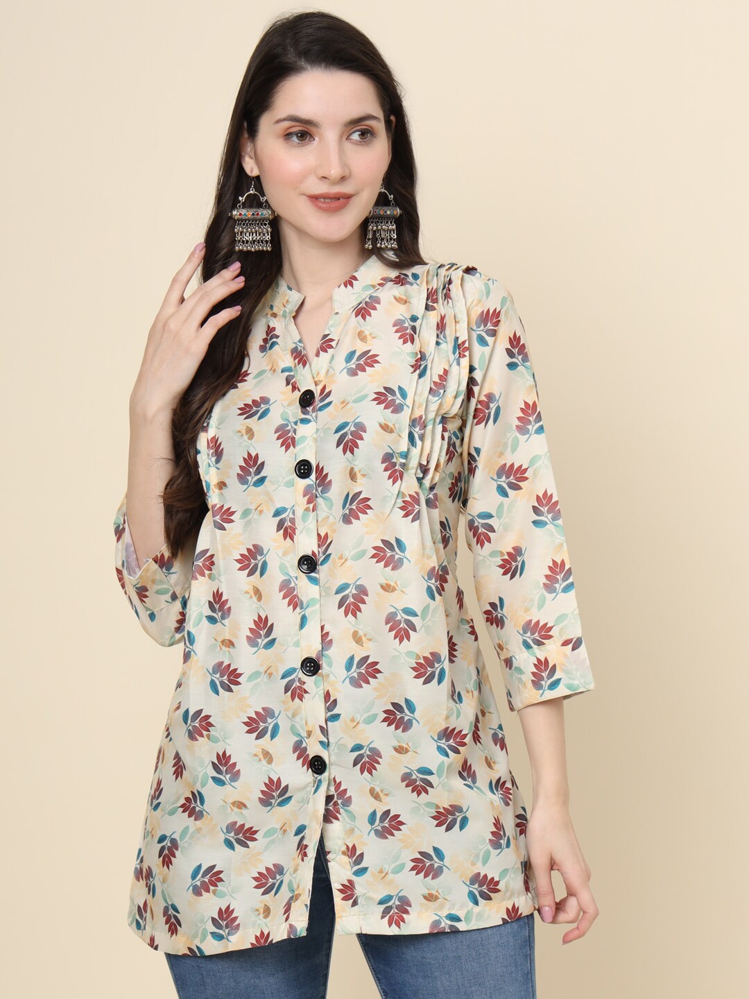 

VAIRAGEE Floral Printed Mandarin Collar Cotton Tunic, Beige