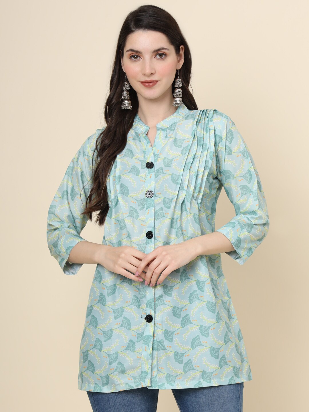 

VAIRAGEE Floral Printed Mandarin Collar Cotton Tunic, Turquoise blue