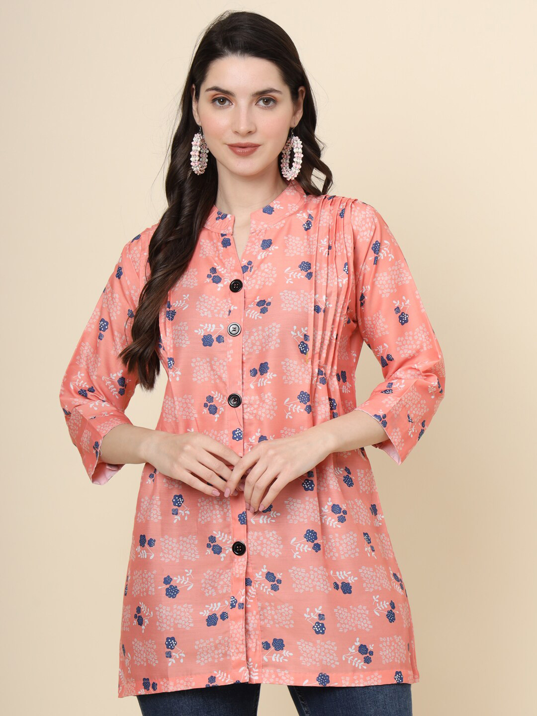 

VAIRAGEE Floral Printed Mandarin Collar Cotton Shirt Style Longline Tunics, Peach