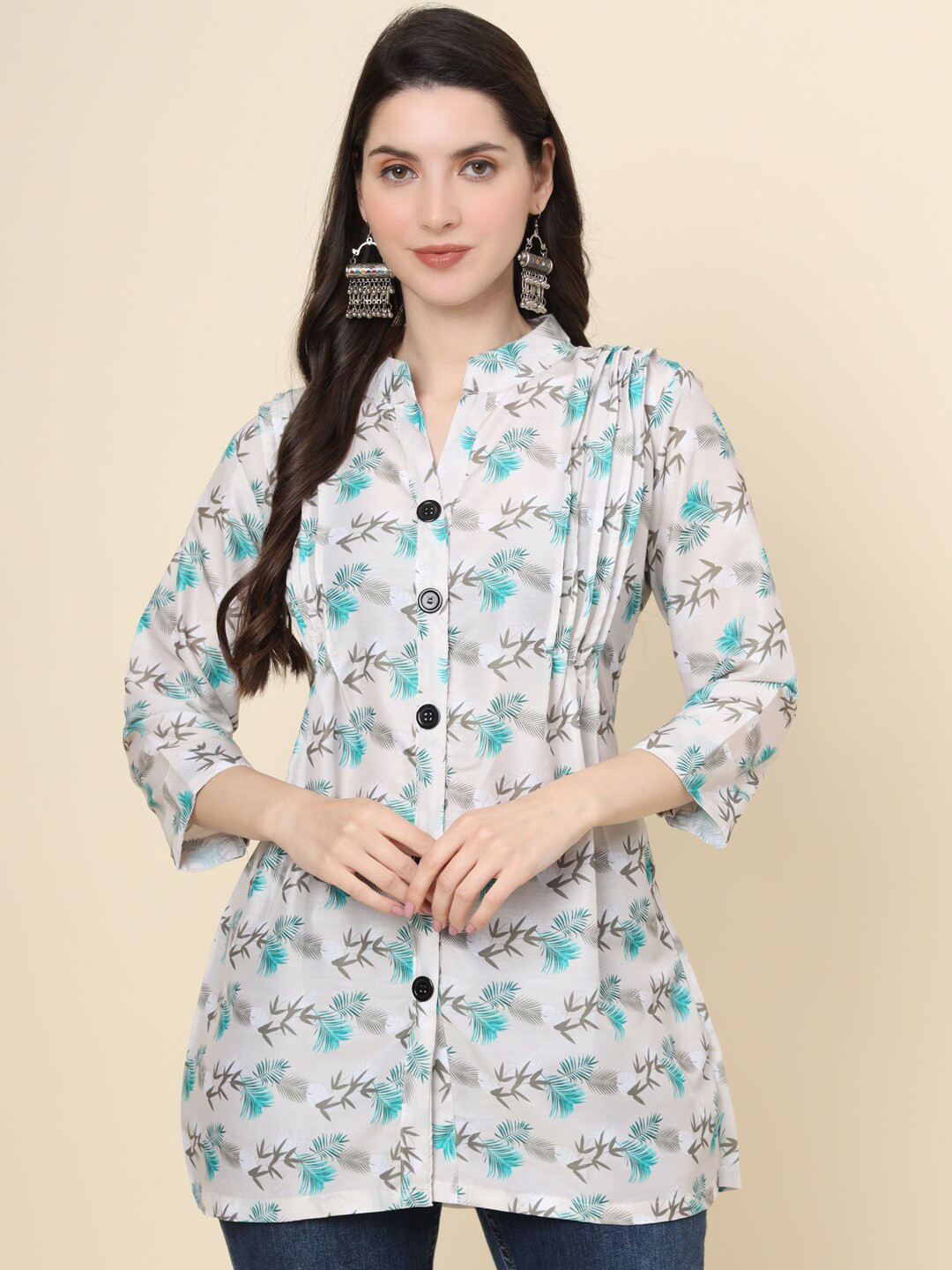 

VAIRAGEE Floral Printed Mandarin Collar Cotton Tunic, Off white