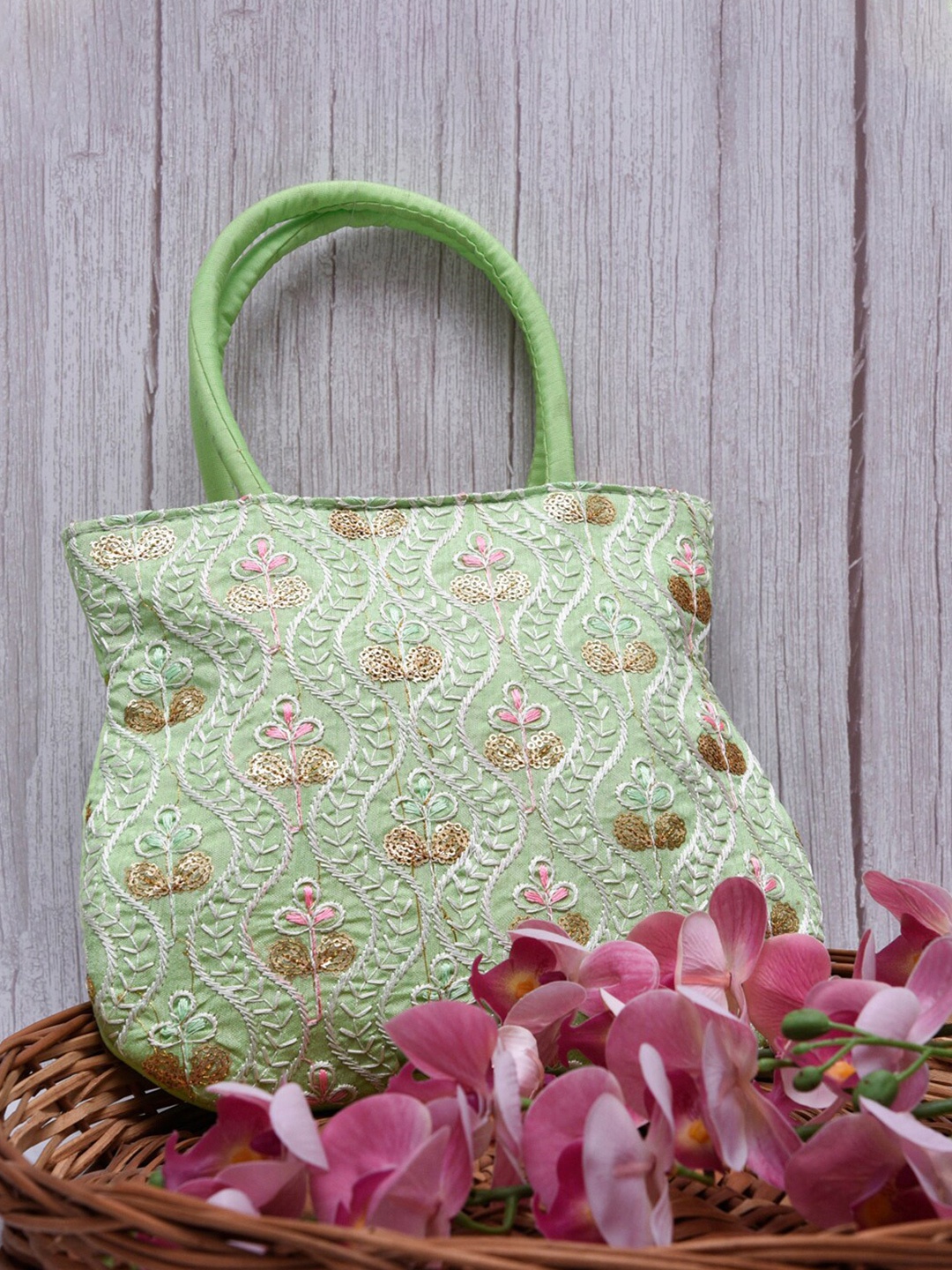 

Kuber Industries Floral Embroidered Structured Handheld Bag, Green