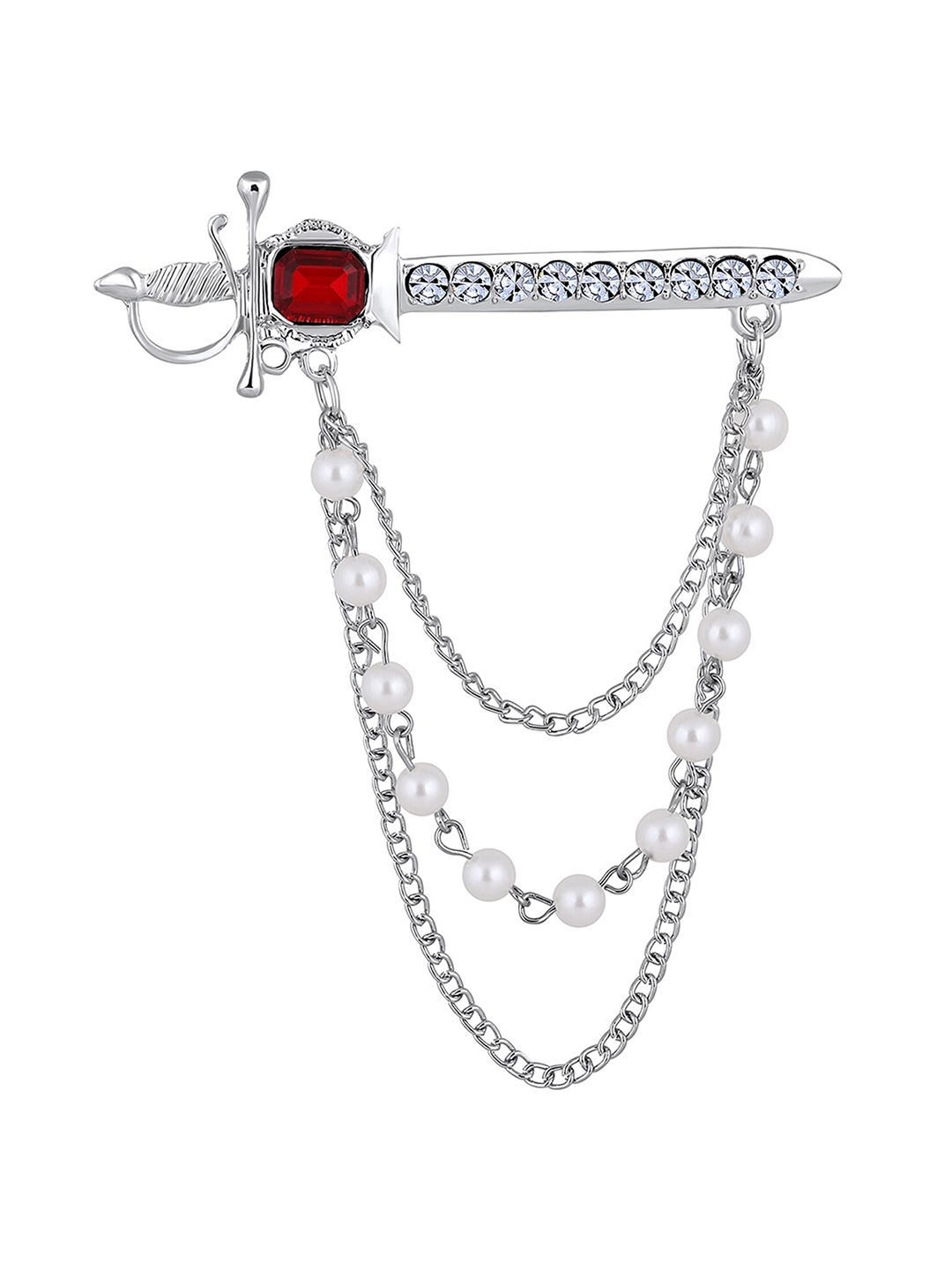 

Mahi Men Stones-Studded & Beaded Layered Sword-Shaped Brooch, Red