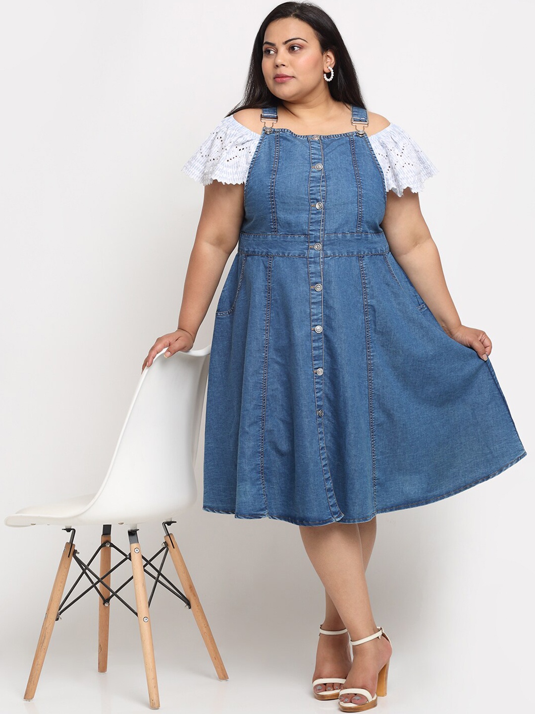 

sindrellastorie Plus Size Cold-Shoulder Sleeves Cotton Denim A-Line Dress, Blue
