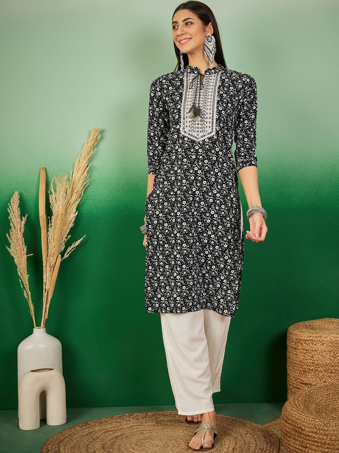 

Sangria Floral Printed Mirror Work Tie Up Neck Cotton Straight Kurta, Black