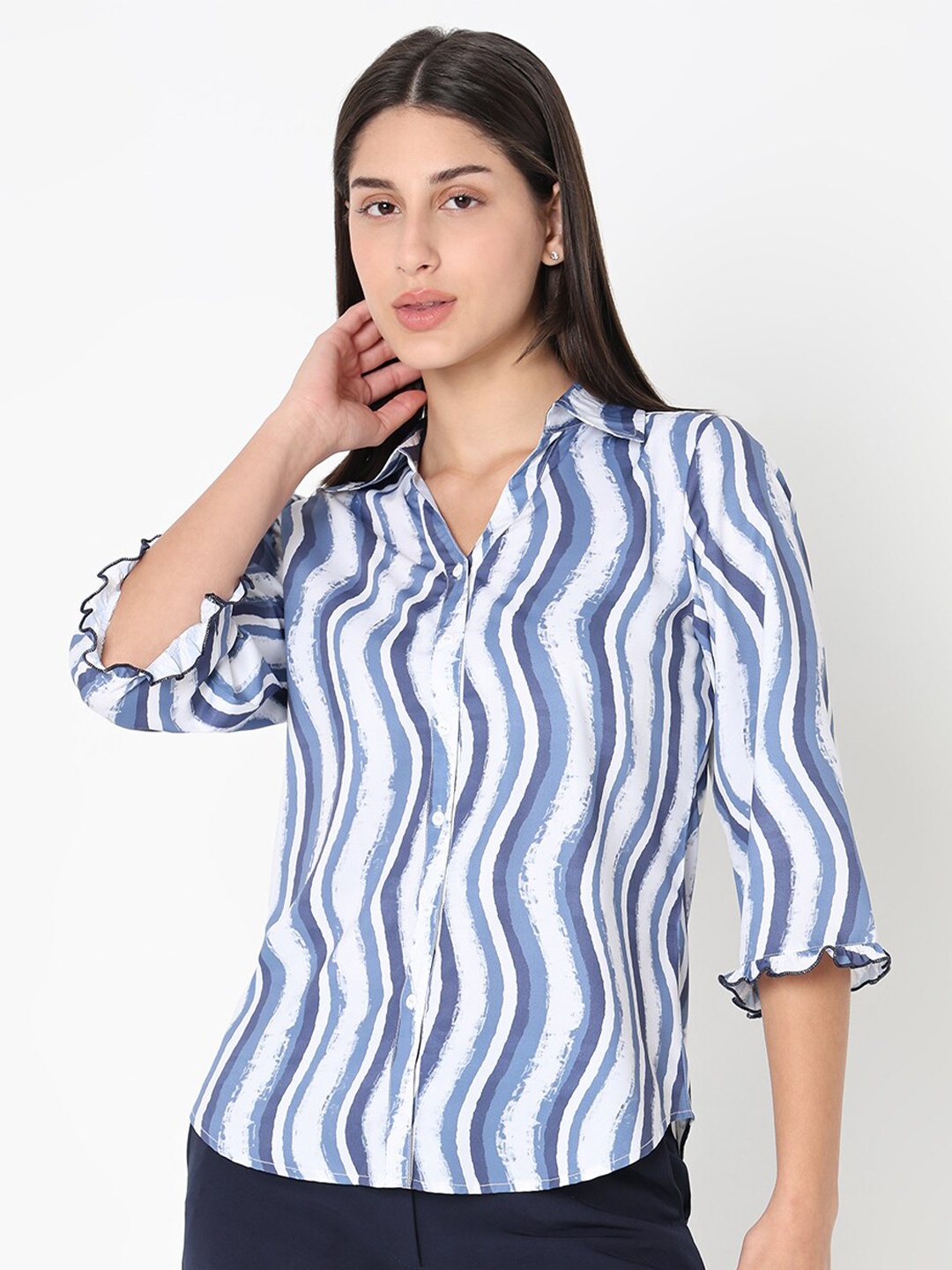 

NOT SO PINK Comfort Vertical Striped Bell Sleeves Ruffles Casual Shirt, Blue